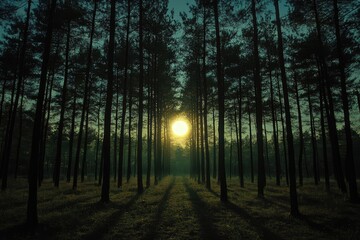 Fototapeta premium Silhouette of a dense pine forest under the watchful eye of a bright, full moon, casting long shadows on the forest floor
