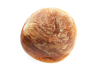 Whole loaf of freshly baked bread isolated on white, top view
