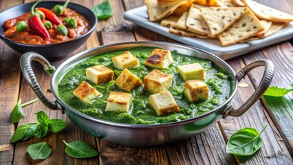 Cooking palak paneer spinach curry with cubes of cottage cheese in a traditional indian kitchen vibrant and inviting perfect for vegetarians