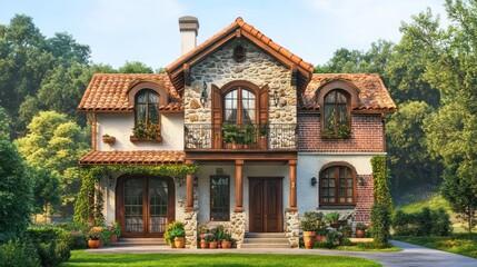 Fototapeta premium Charming stone house with terracotta roof, surrounded by lush greenery.