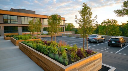 Obraz premium Rooftop green parking area featuring planters and eco-friendly spaces with clear, modern branding