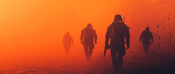 Fototapeta premium Group in hazmat suits escapes fire with urgency and determination under an orange-lit sky