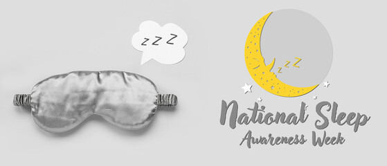Sleeping mask and speech bubble with text ZZZ on light background. World Sleep Day concept