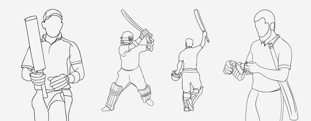 vector cricket players cheering and celebrating gesture line art. Cricket Logo, Cricket silhouette, Cricket Vector Illustration, Outline sketch drawing of Batsman playing. cricketer celebrating win.