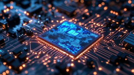 Obraz premium A glowing futuristic circuit board in neon blue and cyber purple. A smart robot in action, issuing advanced AI commands, surrounded by floating holograms.