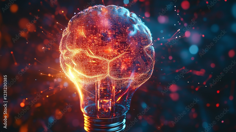 Poster glowing light bulb encasing an abstract ai brain, with neon light swirling around and digital circui