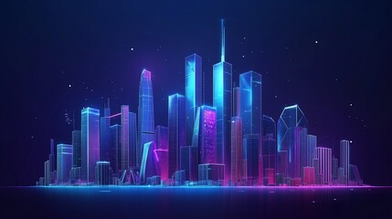 A futuristic solar-powered city glowing at night, skyscrapers illuminated with neon energy lines on a dark blue background with low poly wireframe overlay.
