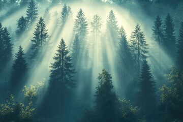 Silhouette of a misty forest with towering pine trees, with faint beams of light filtering through the thick canopy