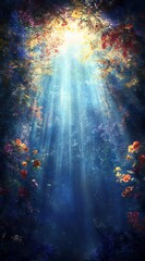 Radiant Light Beam Illuminates Vibrant Flowers In Dark Forest
