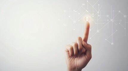 A hand pressing a voting button on a digital interface, minimal and clean white background with only the button and hand visible.