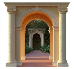 Fototapeta premium Classical Archway in Neoclassical Style Illumined by Golden Hour Sunlight with Lush Greenery