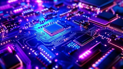 Obraz premium Intricate 3D Render of Glowing Circuit Boards with Vibrant Blue and Purple Lights, Reflecting on Metallic Surfaces and Showcasing Futuristic Technology