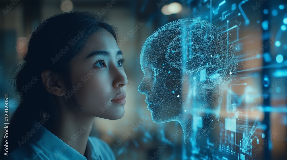 Wall mural professional interacting with a glowing ai brain processor, surrounded by complex data streams, futu