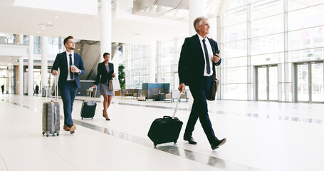 Mature businessman, happy and suitcase at airport for international conference in lobby. Person,...