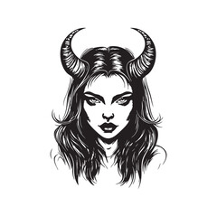 Striking monochrome vector portrait of a horned demon woman, detailed, alluring, mysterious, perfect for fantasy, gothic, or tattoo designs.