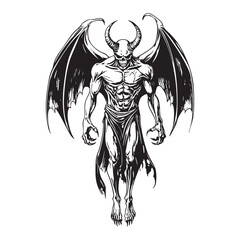 Obraz premium Menacing monochrome vector of a winged demon, detailed, muscular, horns, claws, gothic horror style, perfect for prints, tattoos, game design., Easy editable layere.