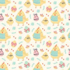Pattern with chicken, little chick and easter eggs