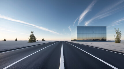 Caucasian mountains empty asphalt road with modern office building truck on the road
 