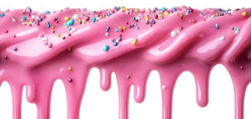 Pink frosting icing dripping with colorful sprinkles on white background