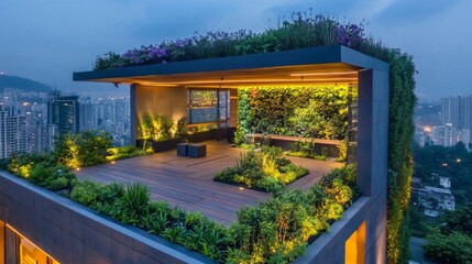 Fototapeta premium Modern Rooftop Garden with City Night View