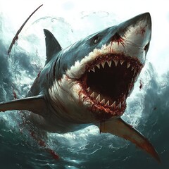 Obraz premium Monstrous Zombie Shark With Bloodied Scars Attacks Underwater During Halloween