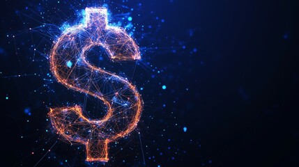 Abstract cash minus symbol on a dark blue background, featuring low poly wireframe, glowing particles, and lines, representing financial subtraction in a modern design.