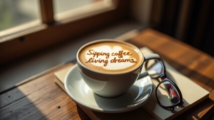 A cappuccino with "Sipping coffee, living dreams." in foam. Rustic wooden table, soft morning light, open window, and a notebook create a cozy, inspiring space for creativity. ☕