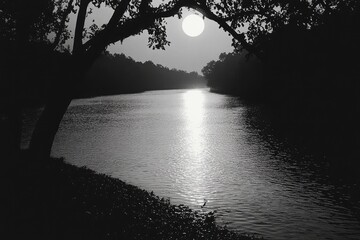 Silhouette of a winding river reflecting the soft glow of the moonlight, bordered by dark, looming trees