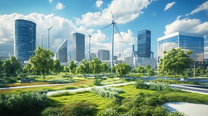 Obraz premium Green city park with wind turbines, skyscrapers, and sunny sky