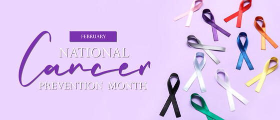 Different colorful ribbons on purple background. Cancer awareness concept