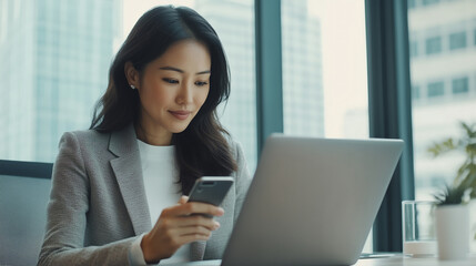 Fototapeta premium Close-up of an Asian businesswoman using a smartphone while working on a laptop, natural light highlighting the clean workspace, ideal for internet networking visuals.