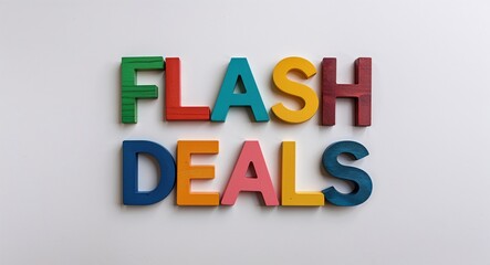 Fototapeta premium flash deals word made of colorful wooden letters on plain white background