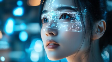 Asian woman with a digital technology screen projected over her eye, displaying glowing data streams symbolizing AI-enhanced vision and real-time information processing.