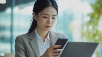 Fototapeta premium Close-up of an Asian businesswoman using a smartphone while working on a laptop, natural light highlighting the clean workspace, ideal for internet networking visuals.