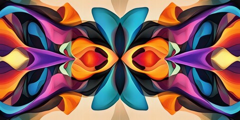 A vivid abstract artwork featuring bold geometric shapes and dynamic patterns in a symmetrical layout, showcasing vibrant colors and modern design.