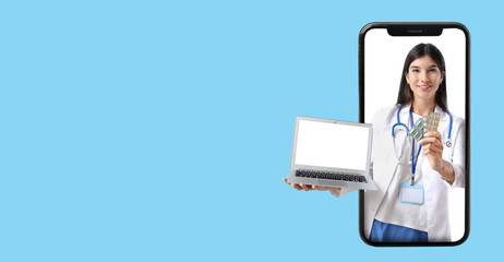 Young female doctor holding different vitamin B pills and laptop with blank screen on blue background