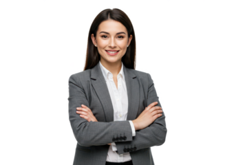 A professional woman in a gray blazer over a white blouse, standing with arms crossed, smiling confidently. The image is isolated on a white background