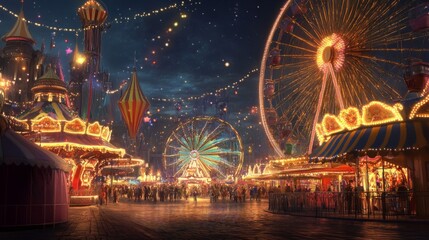 Obraz premium Night Amusement Park Ferris Wheel Colorful Lights Festive Atmosphere