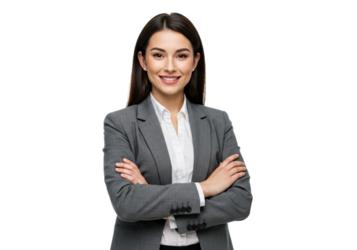 A professional woman in a gray blazer over a white blouse, standing with arms crossed, smiling confidently. The image is isolated on a white background