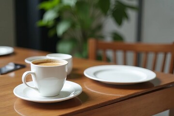 A serene coffee scene featuring a cup on a wooden table, complemented by a white plate and lush greenery in the background.