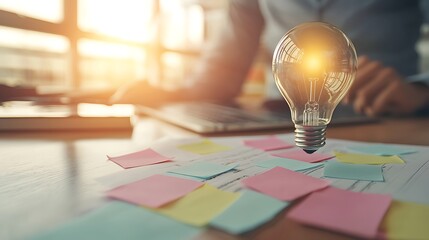 Innovative idea generation workshop office setting digital content creative environment overhead view inspiration concept