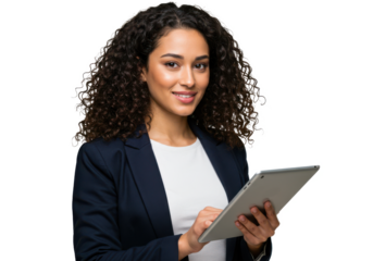 A confident woman with curly dark brown hair wearing a navy blazer over a white shirt, holding a tablet and smiling