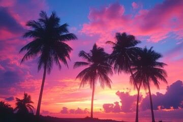 Silhouette of an island with tall palm trees swaying gently in the breeze at sunset, with a sky ablaze with color