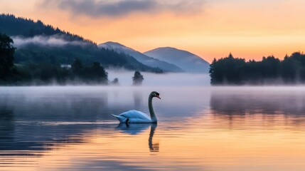 Fototapeta premium Serene Swan Gliding Across Calm Lake at Sunrise with Misty Mountains