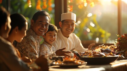 Indonesian family gathered for Hari Lebaran at home, sharing traditional dishes under golden sunlight, capturing the festive warmth of family traditions.
