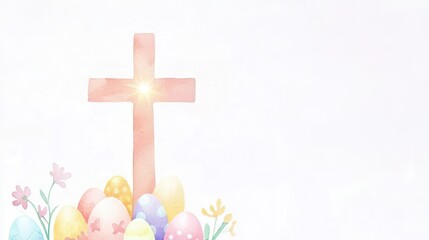 Obraz premium A pastel cross surrounded by colorful Easter eggs and flowers.