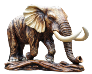 realistic elephant sculpture with intricate details and textures, showcasing its majestic form and large tusks, set against plain background