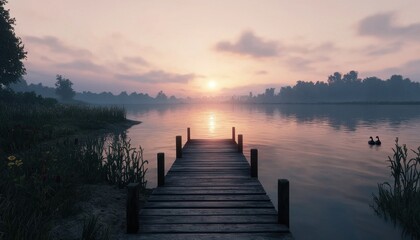 Serene Lake with Wooden Dock and Sunset Over Calm Water