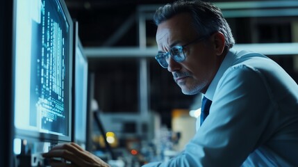 Experienced businessman performing quality inspections at an electronic equipment manufacturing factory, focusing on innovation and advanced technology.