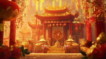 Fototapeta premium Ornate Red And Gold Chinese Temple Festive Scene
